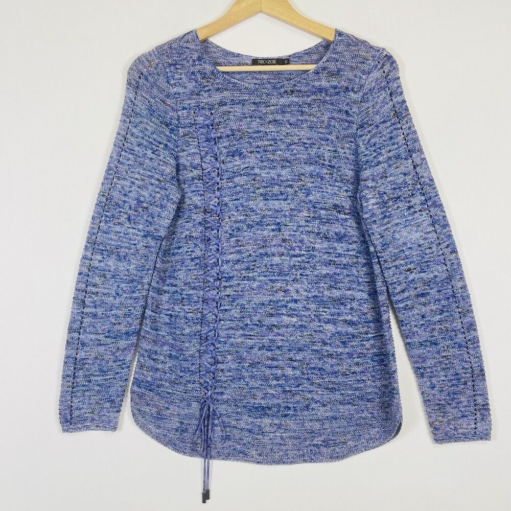 NIC+ZOE Knit Sweater Women Petite Small Blue Lace Up Boho Coastal Nautical